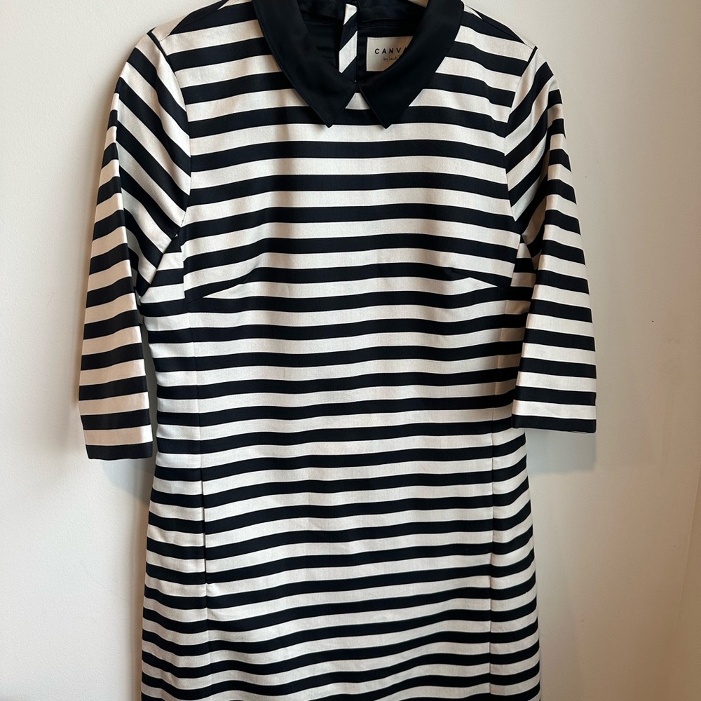 CANVAS by Land’s End Black and White Striped Dress with removable collar Sz 8